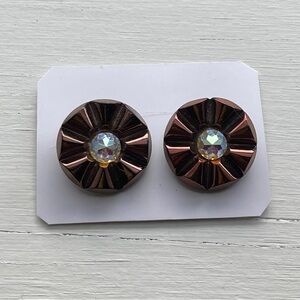 West Germany Gold Copper Tone Molded Glass AB Rhinestone Clip-On Earrings